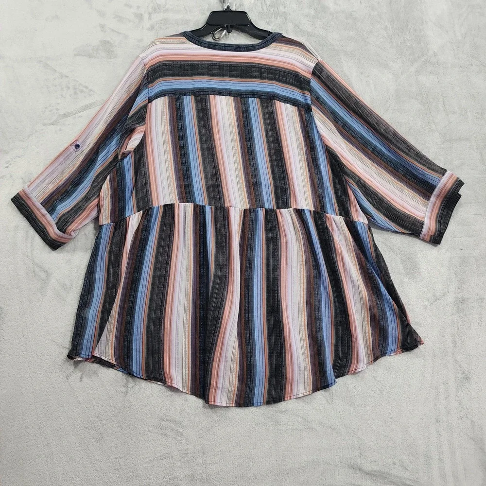 Torrid Top Womens 5/5X Multicolor‎ Striped Button Front Tunic 3/4 Sleeve Sheer